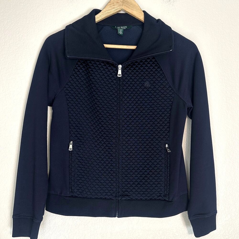 Lauren Ralph Lauren Navy Blue Quilted Zip Up Sweatshirt, Preppy Equestrian Small